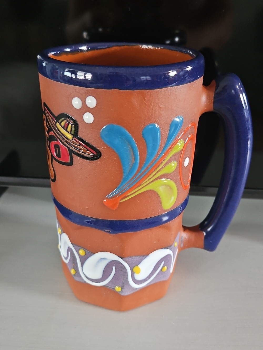 Hand-Painted Terracotta Coffee Mug - Blue Accent